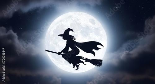 Witch silhouette flying on broomstick against full moon. Halloween night sky with clouds and stars. Magical and spooky scene for greeting card, invitation or holiday decoration
