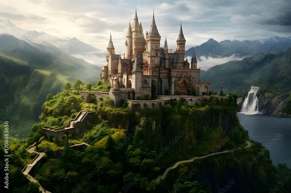Fototapeta premium Historic Castle Perched Atop a Lush Green Hill, Majestic Medieval Fortress Straight from a Fairy Tale, Scenic Landscape Photography, 8K Ultra HD