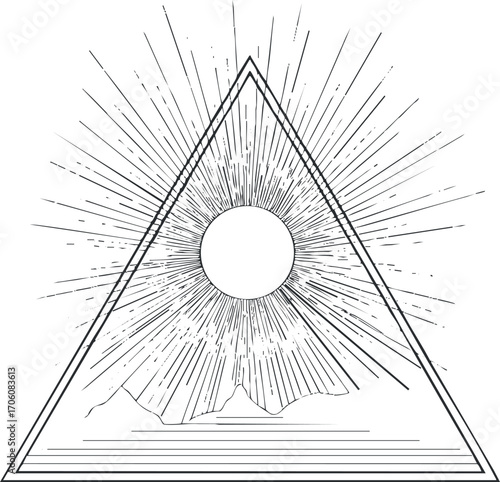 A geometric illustration of a sun rising behind mountains within a triangle shape.