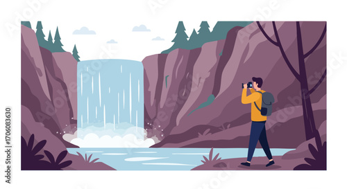 Young male hiker and photographer capturing a stunning mountain waterfall.