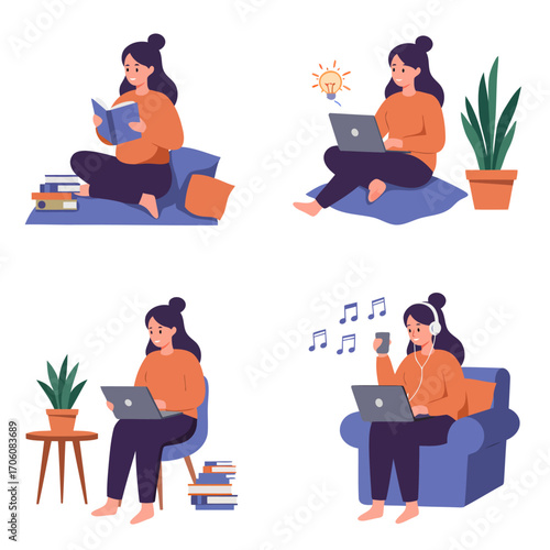 Woman engaging in diverse activities at home