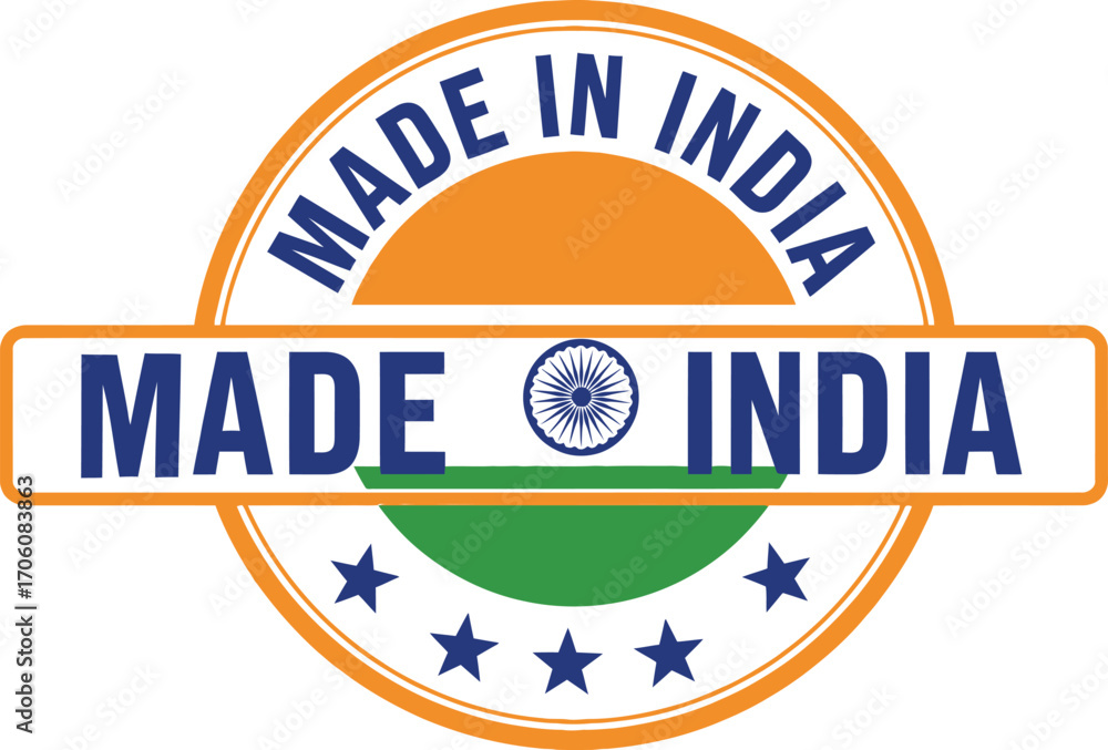 Fototapeta premium Made In India Emblem with Tricolor Round Design and Blue Stars on White Background