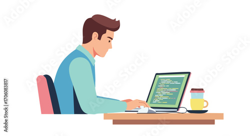 Young male programmer focused on coding on a laptop computer at his desk.