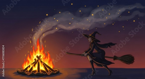 Witch flying on broomstick near bonfire at night. Halloween illustration with magical sparks and smoke. Spooky autumn holiday concept for greeting card or party invitation design.