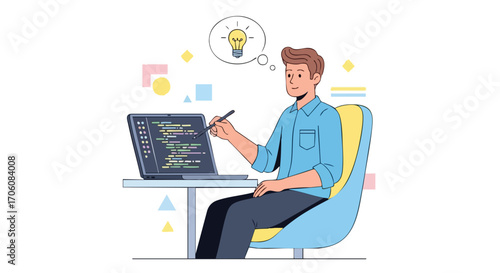 Young male programmer working on a laptop pointing at code with a stylus with a lightbulb idea bubble above his head.