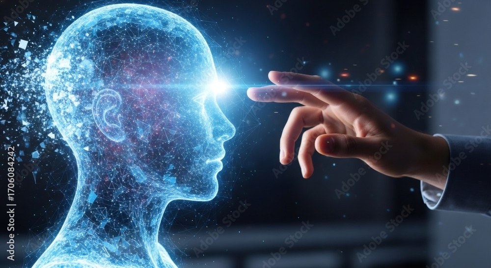 Fototapeta premium Human hand touching digital head silhouette. Artificial intelligence concept. Machine learning, robotics, and cognitive computing. Future technology in business
