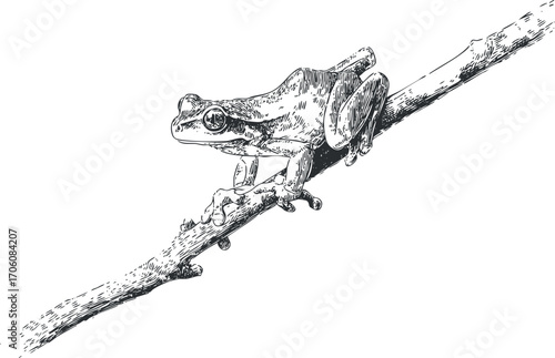 A detailed black and white sketch of a frog perched on a branch in nature.
