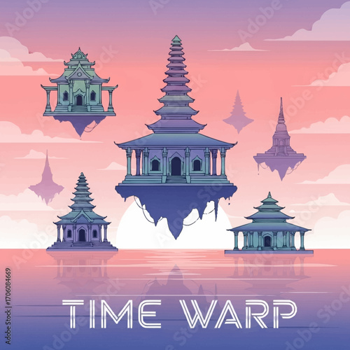 Floating Asian Temples at Sunset Fantasy Game Art Digital Painting