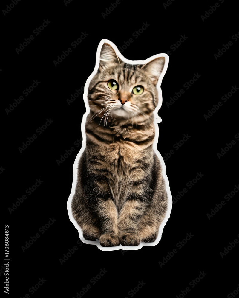 Obraz premium Adorable tabby cat sitting upright, looking upwards with bright green eyes, outlined in white against a plain black backdrop