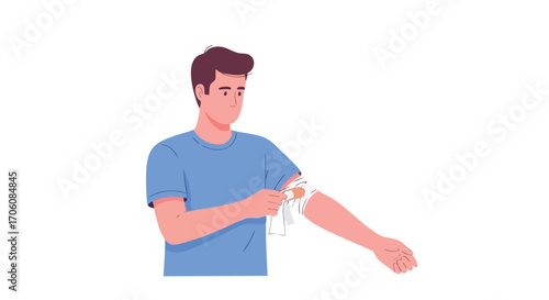 Young man applying a bandage and plaster to his arm after a blood test or vaccination.