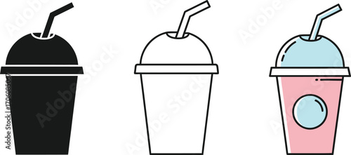 Milkshake Icon set. Black, Outline, and Colored Drink with Straw Isolated on White