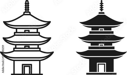 Minimalist Pagoda Line and Solid Icon Set, Ancient Japanese Architectural on White
