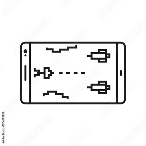 A cellphone displaying a retro space shooter game with pixelated ships terrain and dotted laser beam