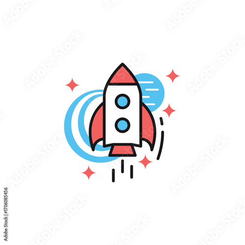 A colorful cartoon rocket with stars flight lines and a planet is launching off