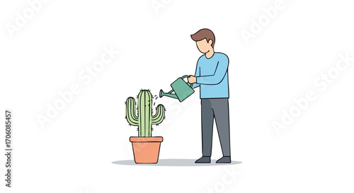 Young man in a blue shirt watering a large potted saguaro cactus with a green watering can.