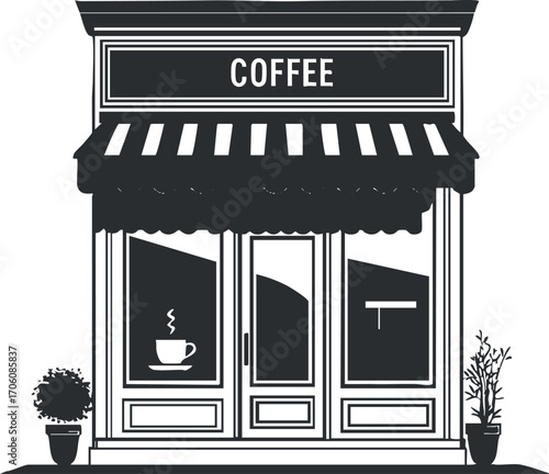 A stylish black and white illustration of a coffee shop storefront with plants.