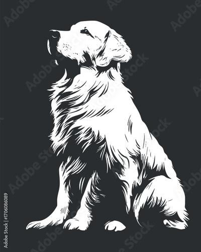A stylized black and white illustration of a sitting golden retriever dog profile.