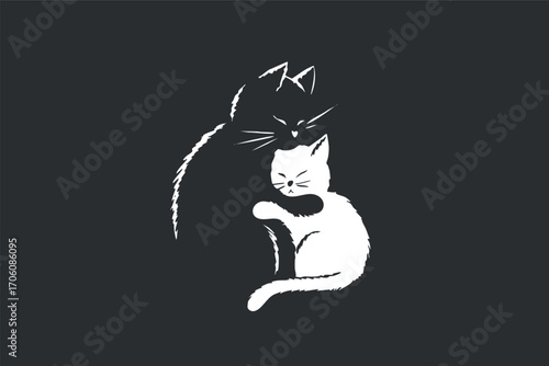 A minimalist illustration of a black cat and a white cat snuggling together.