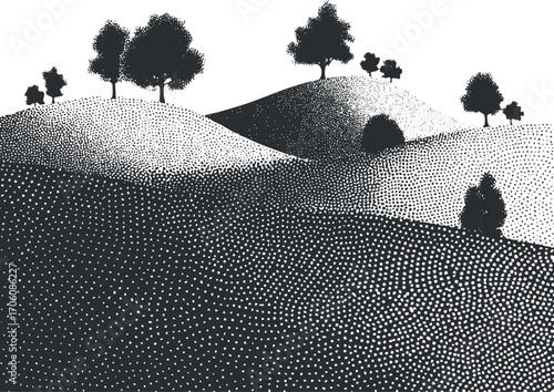 Abstract black and white landscape illustration featuring dotted hills and silhouetted trees.