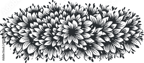 A detailed black and white floral pattern showcasing intricate flowers and leaves in a decorative design.