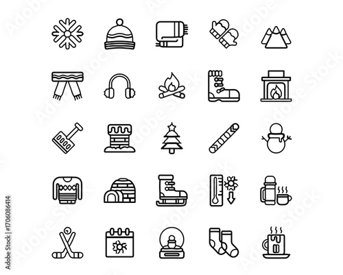 Cozy winter icons set capturing festive holiday season activities and warmth for seasonal design projects
