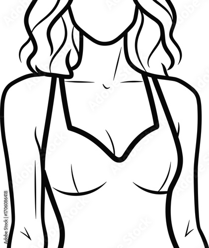 Black and white vector illustration of woman in halter bikini top, summer fashion, swimwear design, beach style, and vacation concept