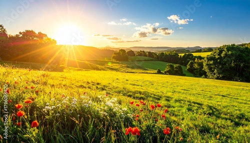 A bright and sunny landscape during the golden hour. Sunlight bathes a rolling