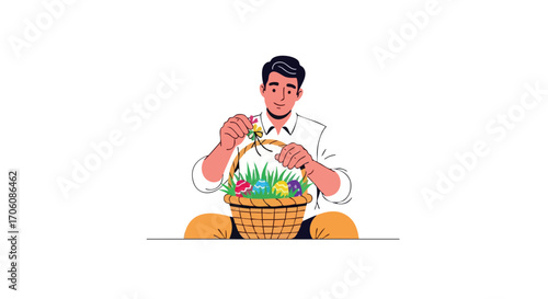 Young man in a white shirt preparing a wicker Easter basket with colorful decorated eggs.