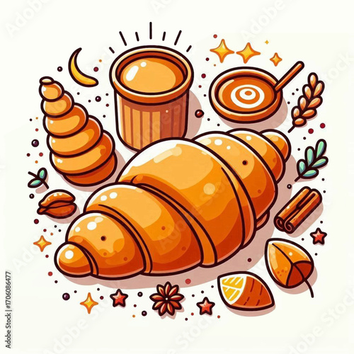 Cozy Autumn Breakfast Croissant Coffee and Spices Illustration
