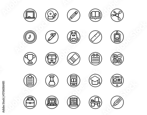 Collection of modern educational and school icons for learning and knowledge.