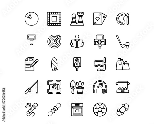 Diverse collection of hobby and leisure icons representing activities, sports, and creative pursuits