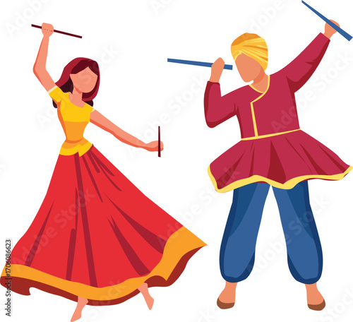 dandiya couple wearing indian traditional dress isolated on a transparent background 