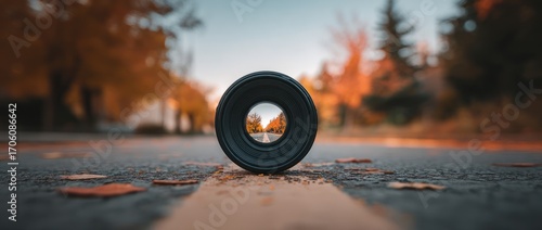Camera lens laid flat on an asphalt road, autumn leaves and trees in background, focused street view seen through the lens hole