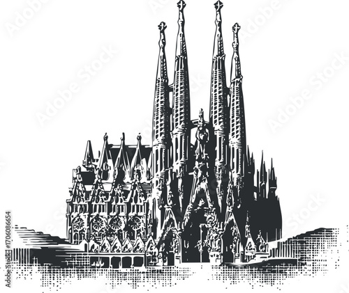A detailed illustration of a Gothic cathedral with tall spires and intricate designs.