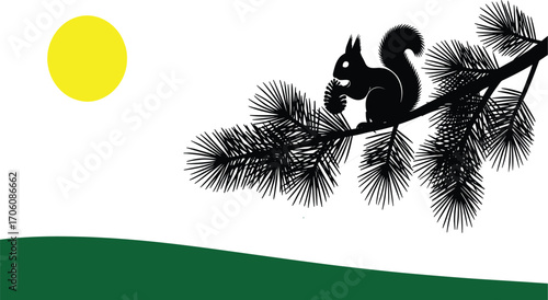 Black silhouette of squirrel holding pine cone on tree branch with yellow sun and green hill, nature wildlife vector illustration design