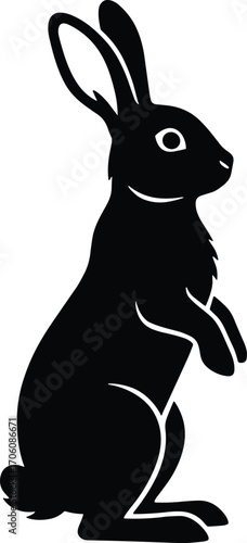 Minimal vector silhouette, standing rabbit on hind legs, side profile, solid black