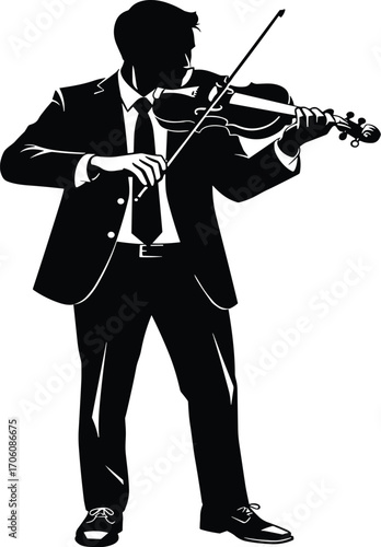 Elegant black and white silhouette of male violinist in formal suit performing classical music with bow, isolated vector illustration for design