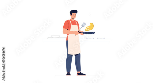 Young man in an apron cooking breakfast flipping a fried egg in a pan with a spatula Flat vector illustration.