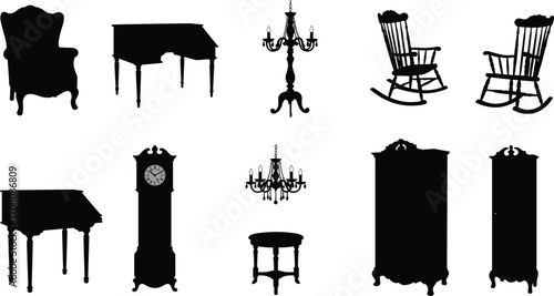 Silhouettes of vintage furniture including armchairs, desks, chandeliers, rocking chairs, wardrobes, grandfather clock, and antique tables for classic decor.
