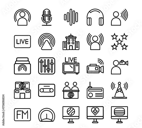Dynamic icons for broadcasting, podcasting, and media production offer modern visual appeal