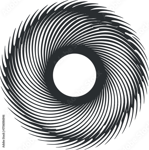 An abstract black and white swirl design featuring a central circle, showcasing dynamic movement.