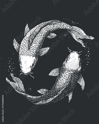 Artistic illustration of two koi fish swimming in a circular pattern on a dark background.