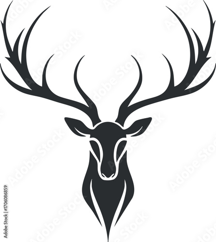 Stylized black silhouette of a deer head with elaborate antlers against a white background.