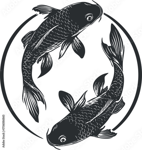 Illustration of two koi fish swimming in a circular design representing harmony and balance.
