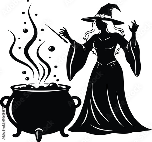 Halloween witch with cauldron brewing magical potion, fantasy vector illustration for spooky, mystical, folklore, and seasonal holiday design 