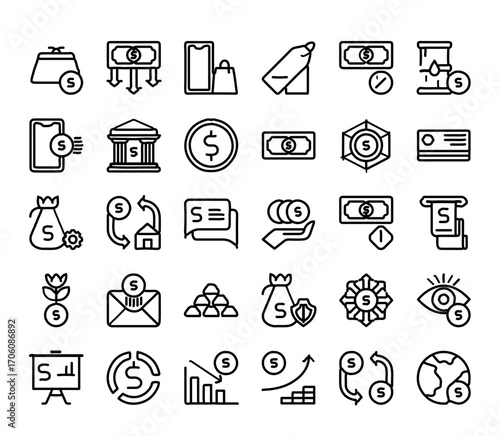 Modern finance icons depict wealth, savings, and digital transactions for business growth strategies