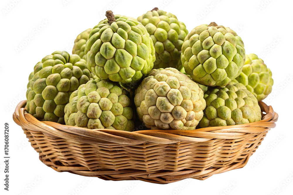 Obraz premium A woven basket overflowing with fresh ripe custard apples isolated on transparent background
