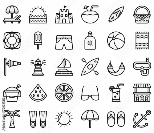 Vibrant summer vacation icons evoke fun beach holidays and sunny adventures