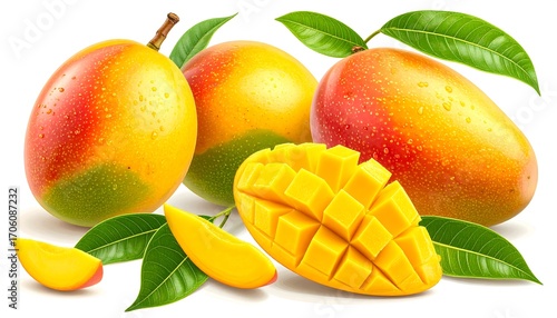 Ripe mangoes arranged with leaves