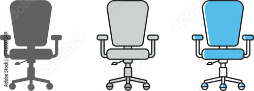 Office Chair Icon Set, Includes Gray, Silver and Blue Rolling Desk Chairs on White